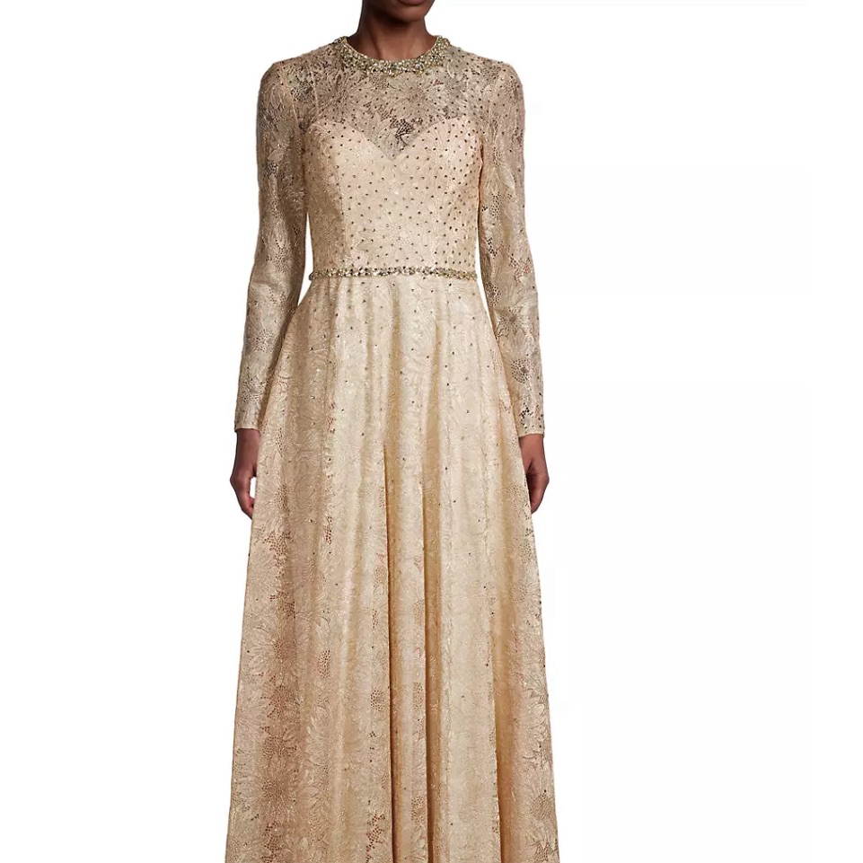 Mac Duggal Embellished Golden Lace Gown
